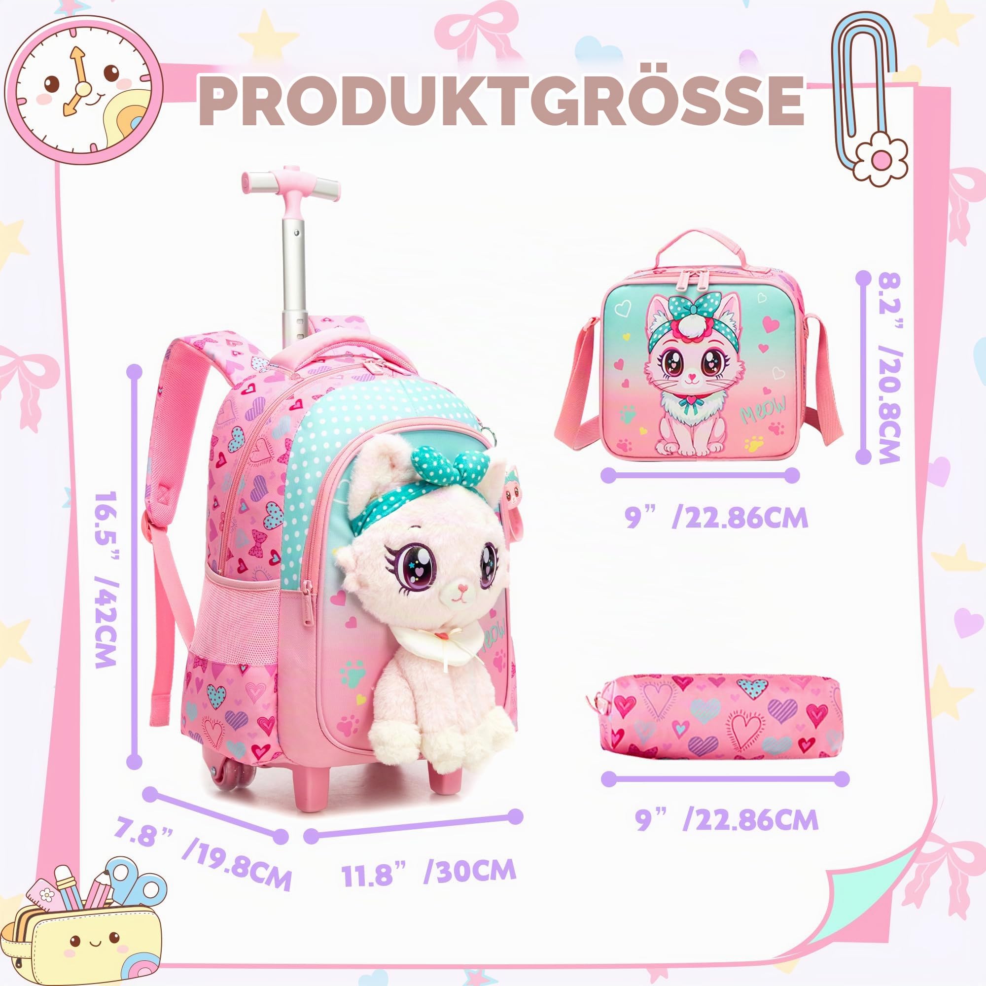 HTgroce Schulrucksack Trolley Mädchen (Süße Katze) – Schulranzen mit Rollen & Kinderkoffer – Schultasche für Grundschule (1. & 2. Klasse) & Reisen