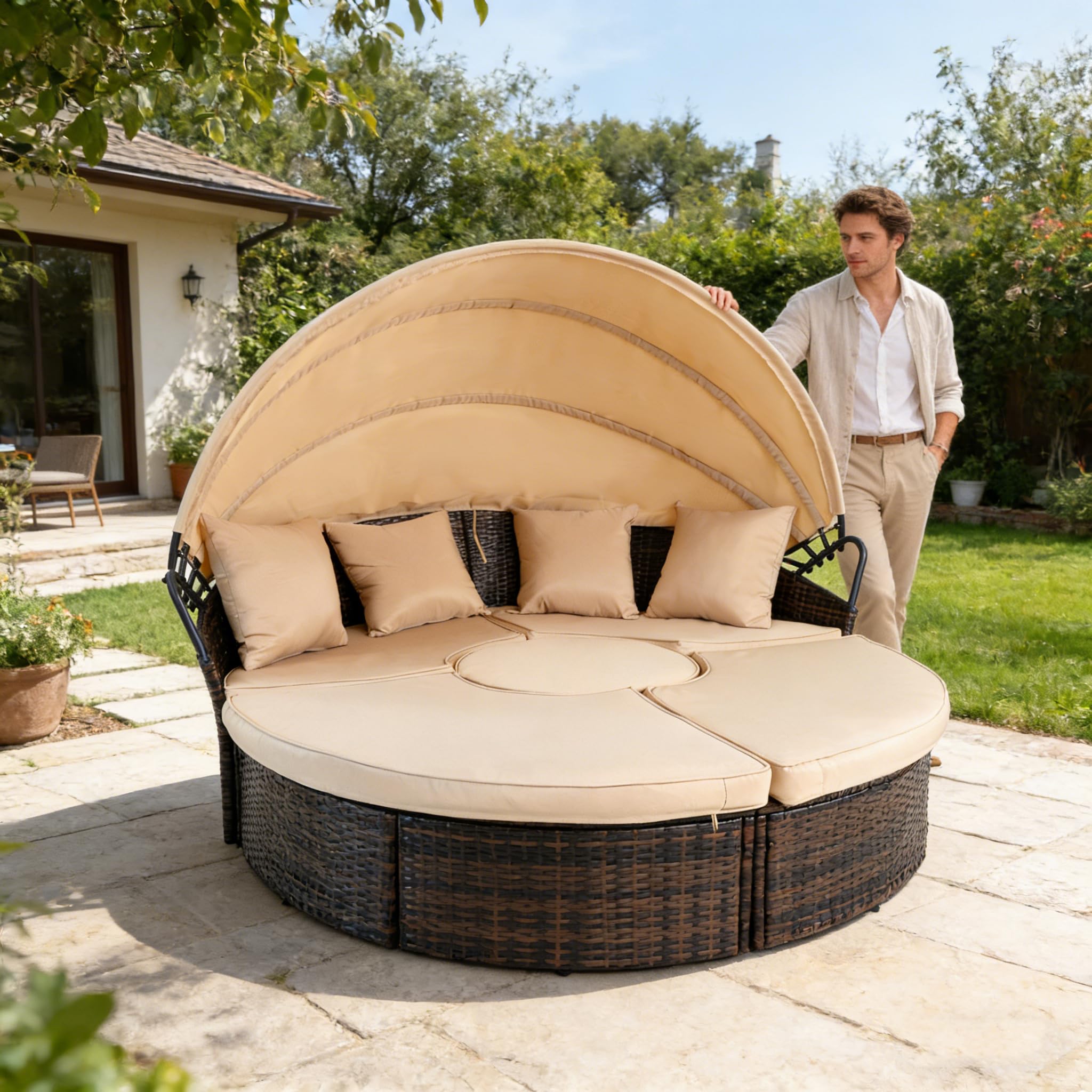 Outdoor Patio Round Daybed with Retractable Canopy, Brown Wicker Furniture Sectional Couch with Washable Cushions, Backyard, Porch