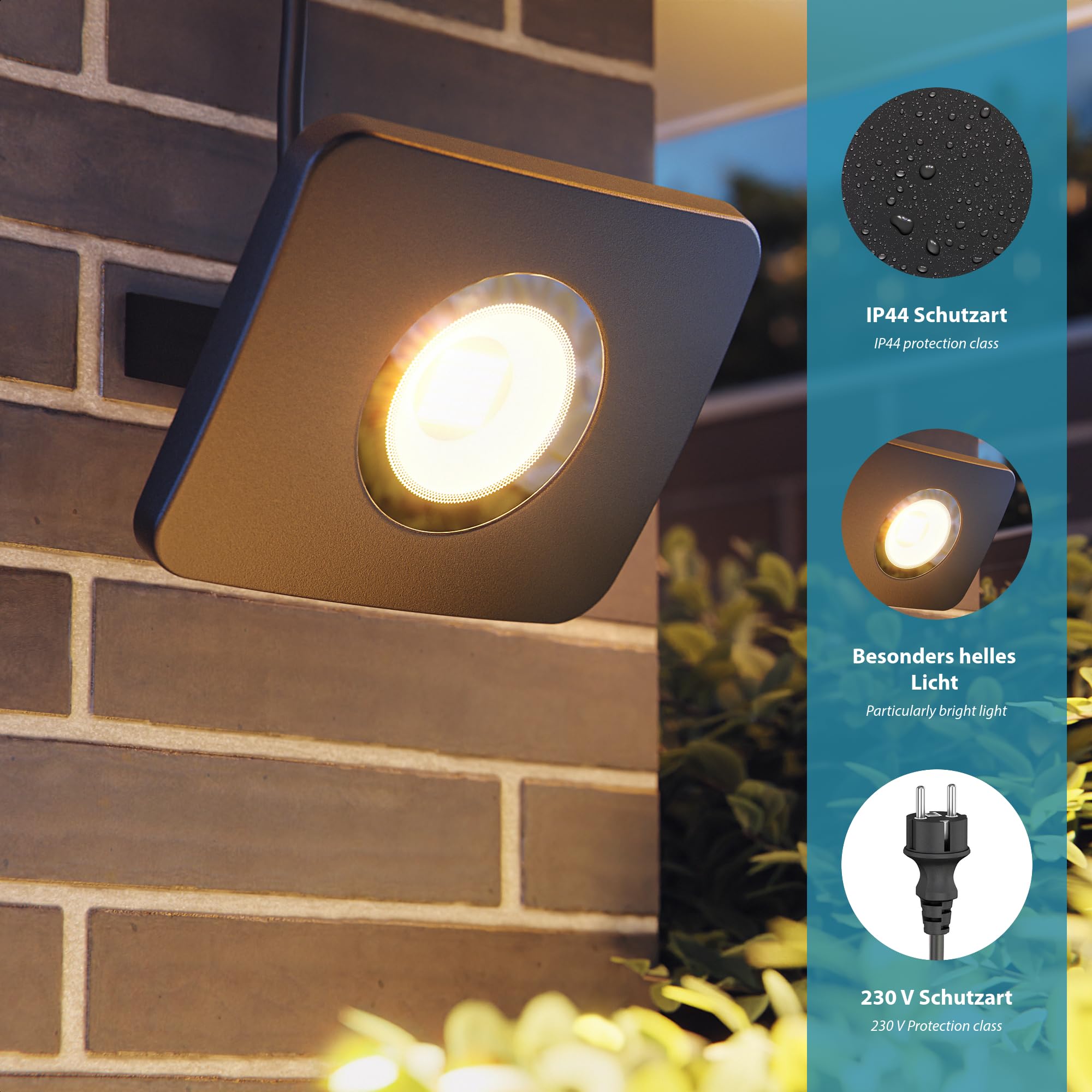 ledscom.de 2x Reflektor ogrodowy LED WEGA do zastosowań zewnętrznych, IP44, wtyczka, czarny, 29,6 W, 2361 lm, ciepła biel