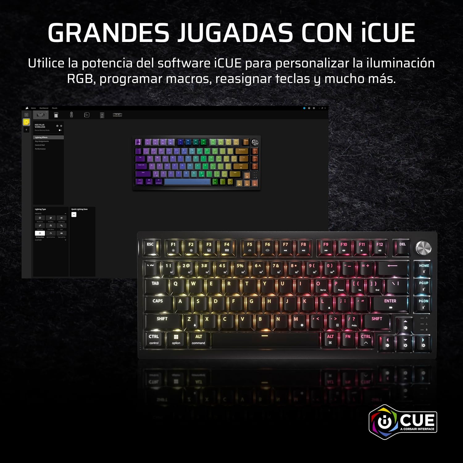 Corsair K65 Plus Wireless 75% RGB Teclado Mecánico para Juegos – Negro | QWERTY ES, Intercambio en caliente, Interruptores Táctiles CORSAIR MLX Fusion Prelubricados, PBT Keycaps 13