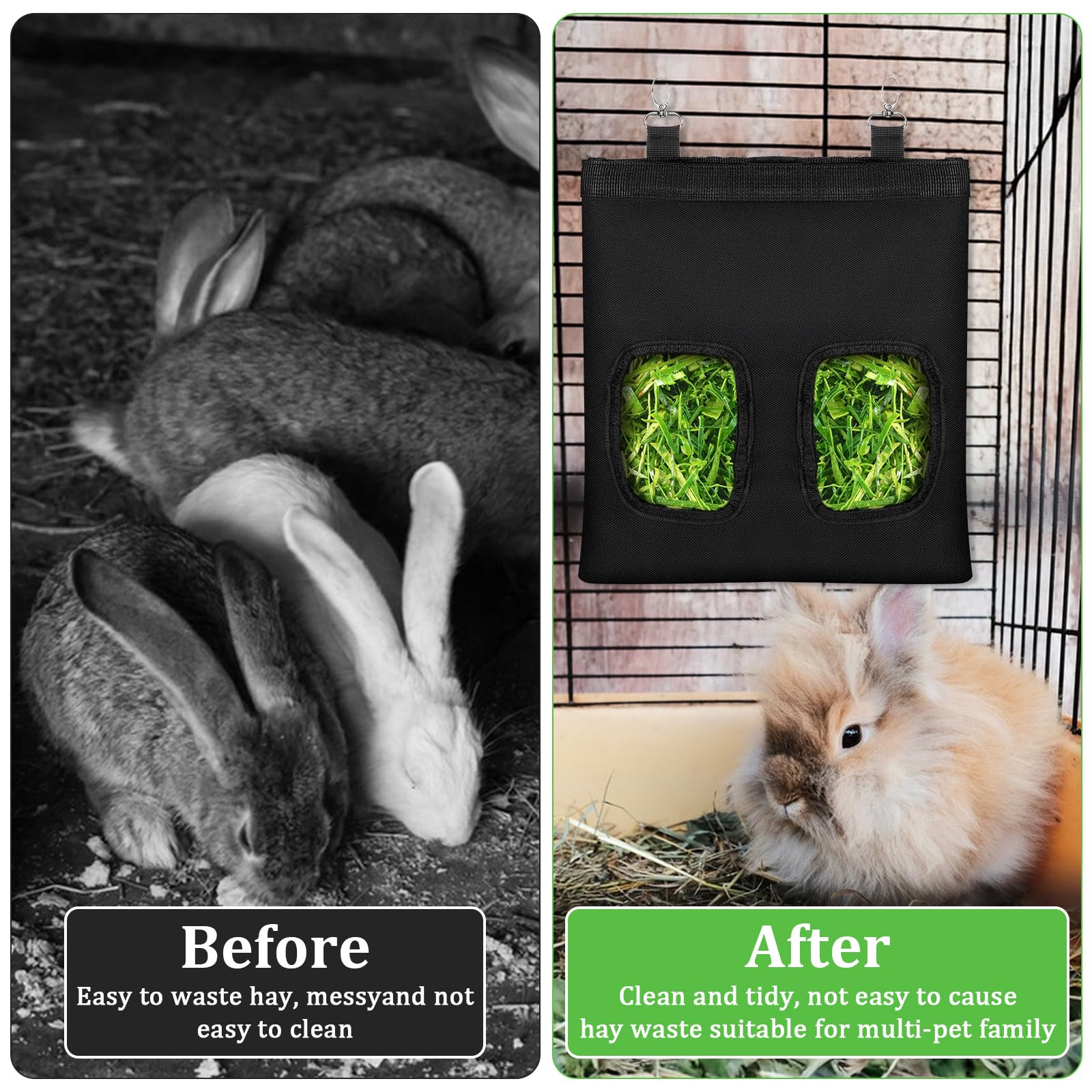 Rabbit Hay Feeder Bag, Guinea Pigs Hanging Hay Rack Manger Holder Dispenser Small Animal Feeder Storage Pouch for Bunny Chinchilla Hamster (Black, 2 Windows) - image 5