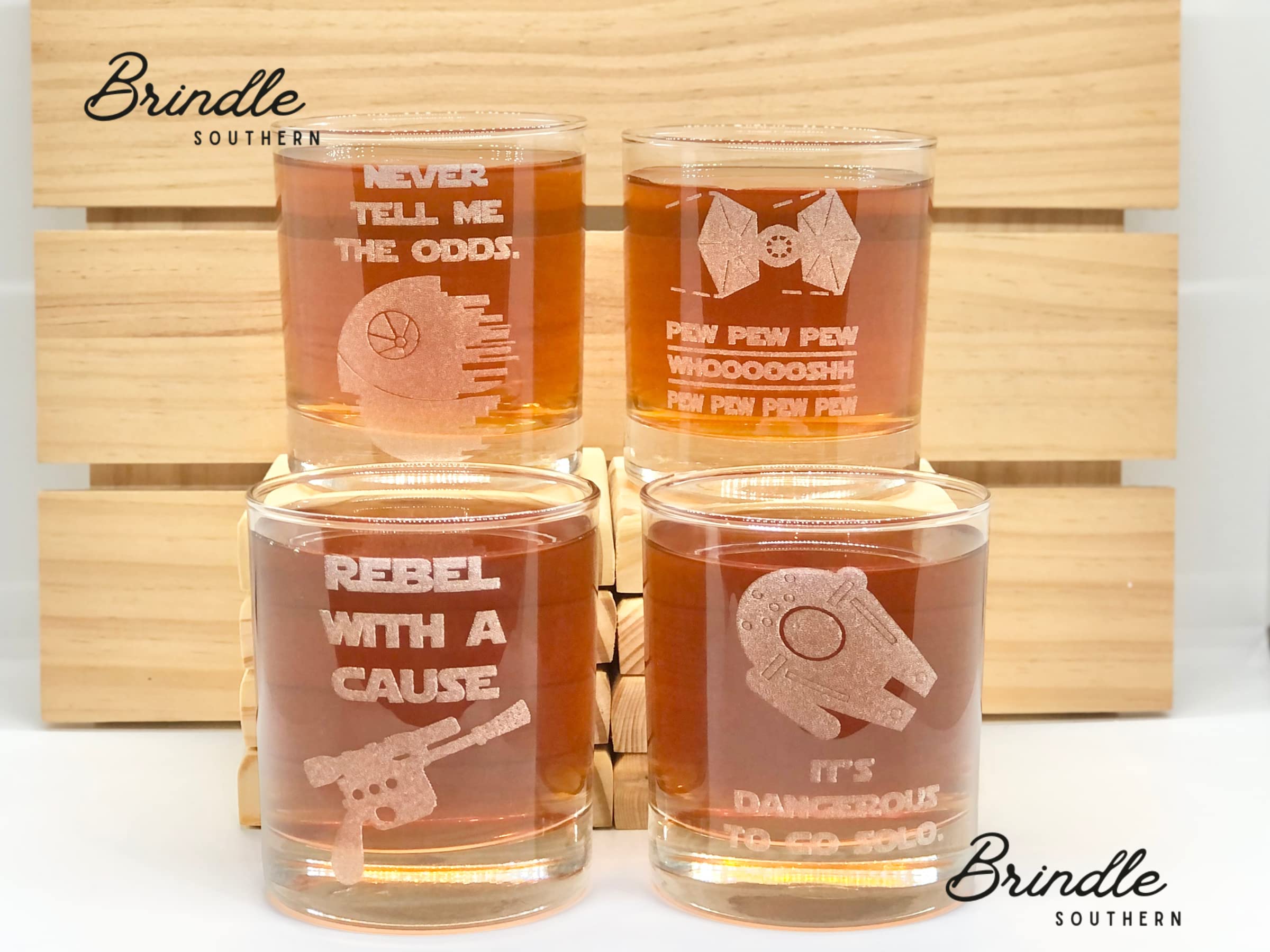 Etched Star Wars Pint Glass Set Of 4 | Pew Pew, Never Tell Me Odds, Dangerous Solo, Rebel Scum