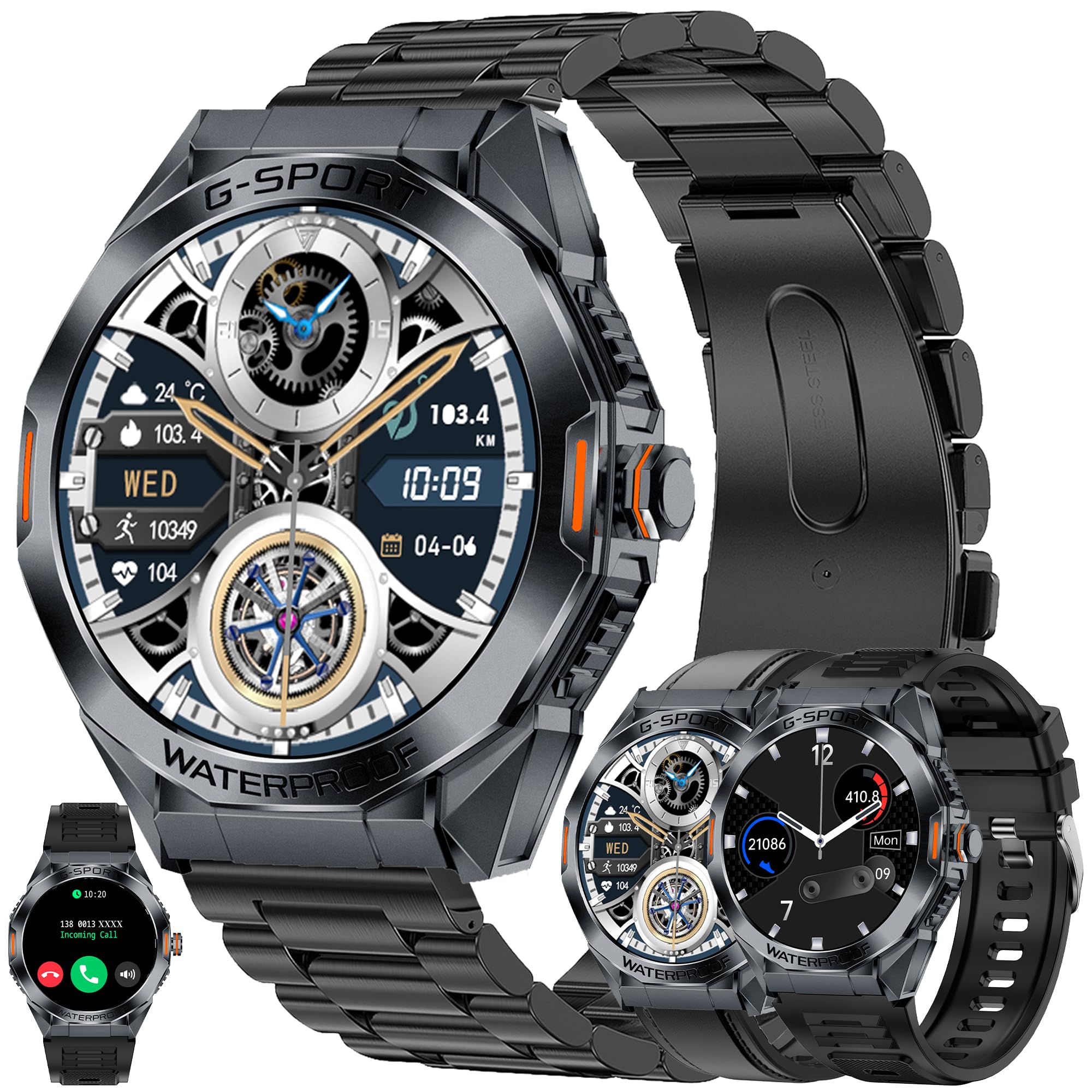 5ATM Montre Connectée Homme avec Appels Bluetooth, 1,46” AMOLED Smartwatch avec 123 Modes Sportifs/SpO2/Fréquence Cardiaque/Lecteur de Musique/Montre Intelligente Fitness pour Android iOS (Noir)