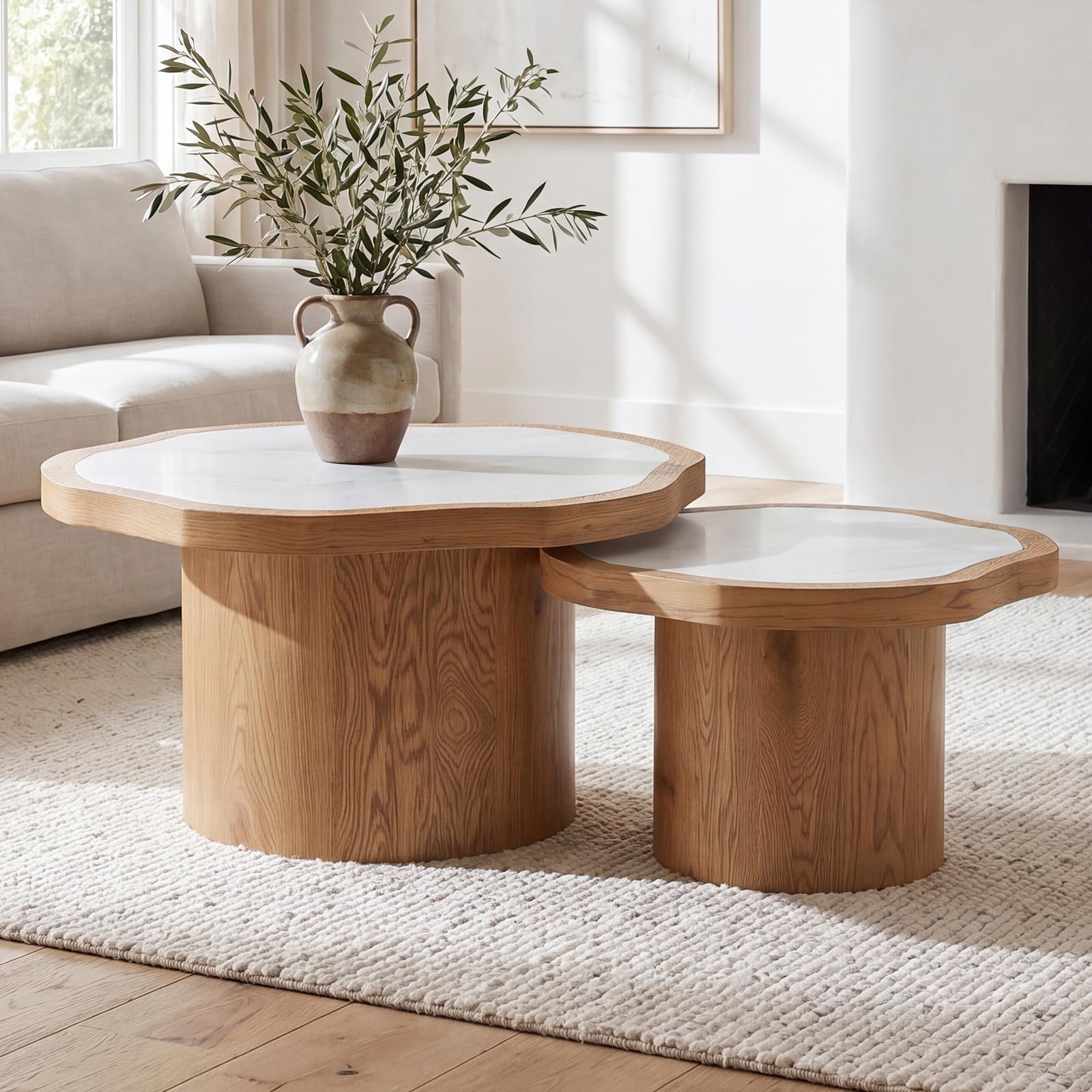 chairus 2PCS Mesas de Centro Madera con Forma de Nube, Color Natural | Mesa Redonda de Salón, Base de Madera, con Superficie Imitación Mármol, Mesita Desmontable
