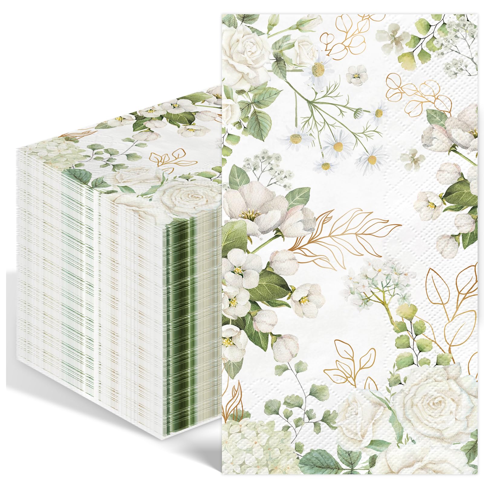 100 servilletas de papel florales blancas de 3 capas, desechables, para baño, flores de primavera, servilletas de invitados, servilletas de cena floral para boda, novia, baby shower, cumpleaños
