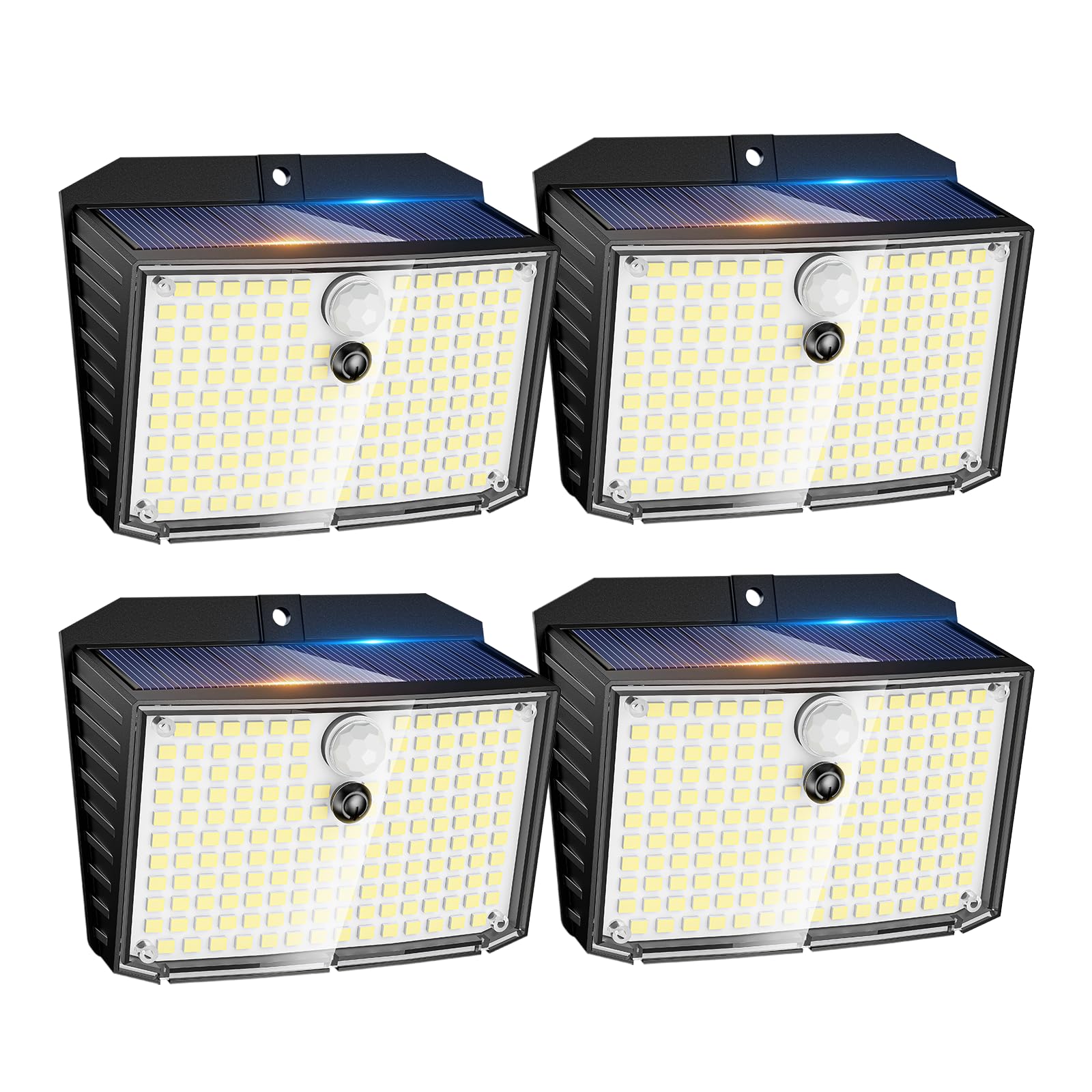 Auting Luz solar de pared, 4 unidades 158 LED blanco frío 3 modos Luz solar con sensor de movimiento, luz mural solar impermeable IP65 para jardín, garaje, escaleras, terraza, puertas principales