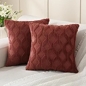 Volcanics Pack of 2 Faux Wool Throw Pillow Covers 18x18 Inches Decorative Farmhouse Velvet Couch Pillow Case Soft Plush Square Boho Cushion Pillowcase, Rust Red
