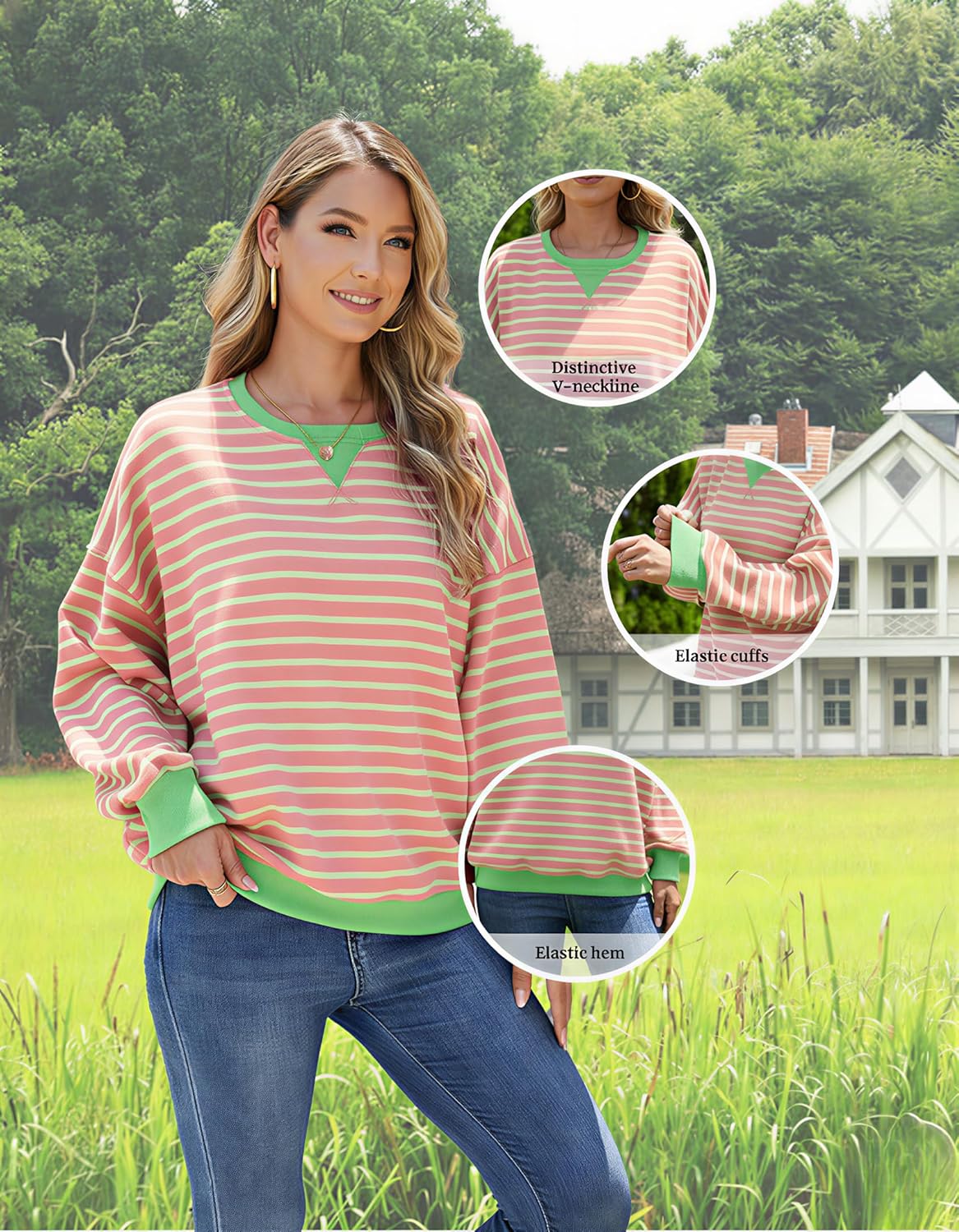 Women's Striped Oversized Sweatshirt, Long Sleeve Crewneck Pullover Top, Casual Fall Clothes - Image 5