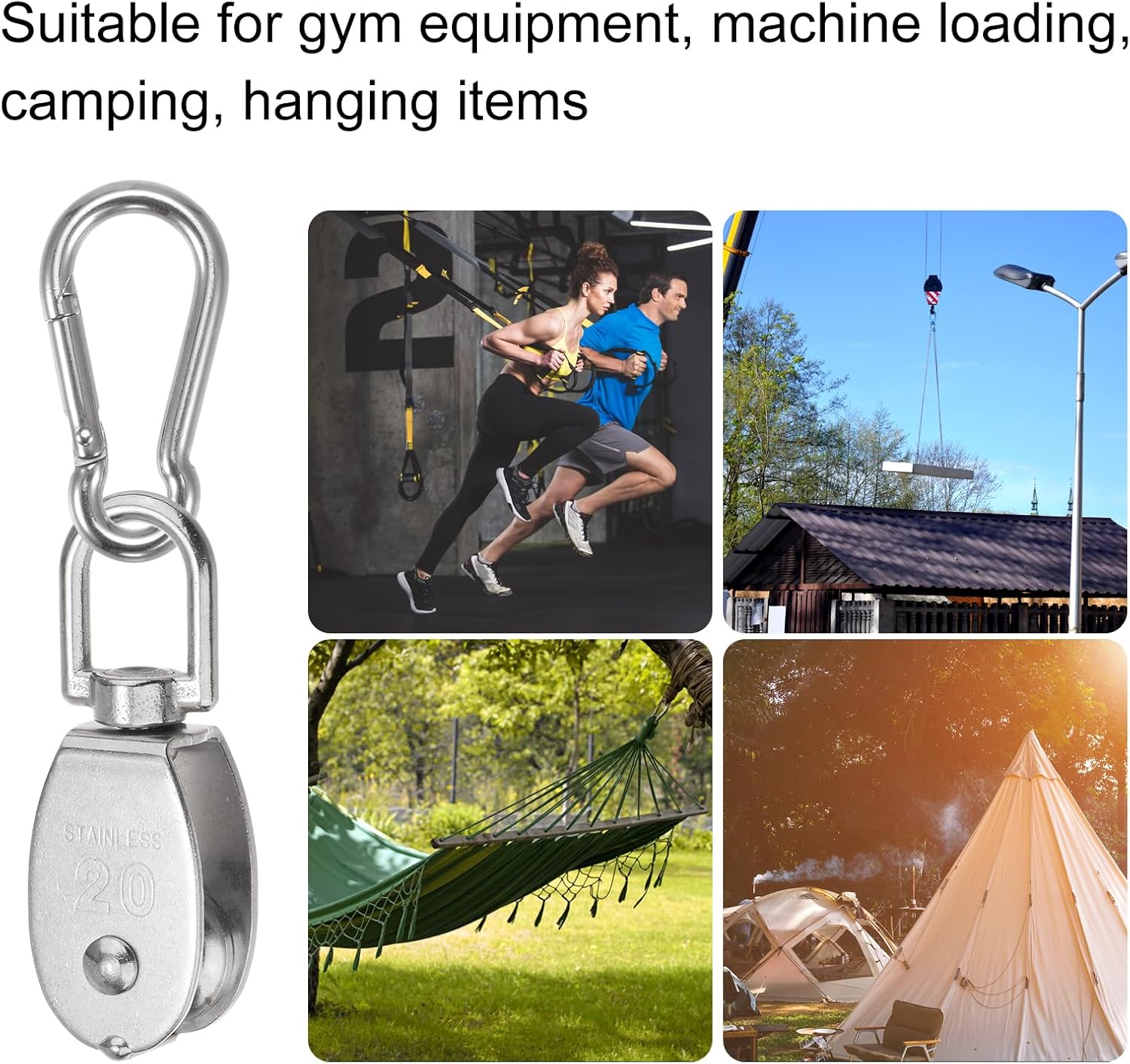 uxcell Set of 10 M20 Single Pulley Block with Spring Snap Hook, 304 Stainless Steel Hanging Wire Towing Wheel, Crane Pulley Roller Loading 170lbs