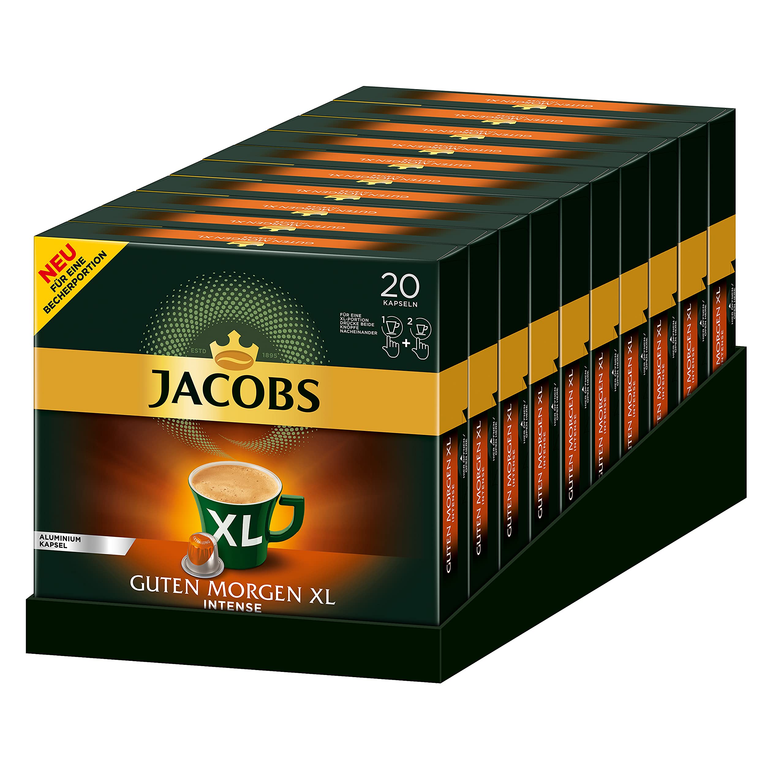 Jacobs Kaffeekapseln Guten Morgen XL Intense - 10er Pack (10 x 20 Getränke) & Kaffeekapseln Espresso Ristretto, Intensität 12 von 12, 200 Nespresso®* kompatible Kapseln, 10 x 20 Getränke