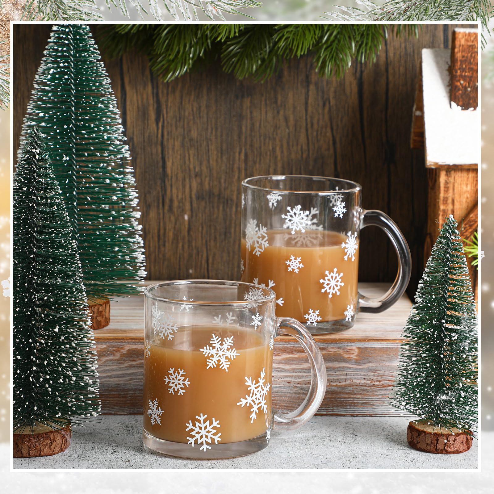 Tioncy 2 x Kaffeetassen mit Weihnachtsschneeflocke, Glas, mit Griff, 340 ml, Weihnachtsschneeflocke, Glasbecher, Winterurlaubstassen für Weihnachten, Zuhause, Büro, Geschenke