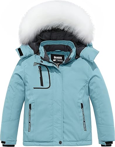Skieer Chaqueta de esquí impermeable para niña, chaqueta de invierno a prueba de viento, abrigo de lluvia con capucha