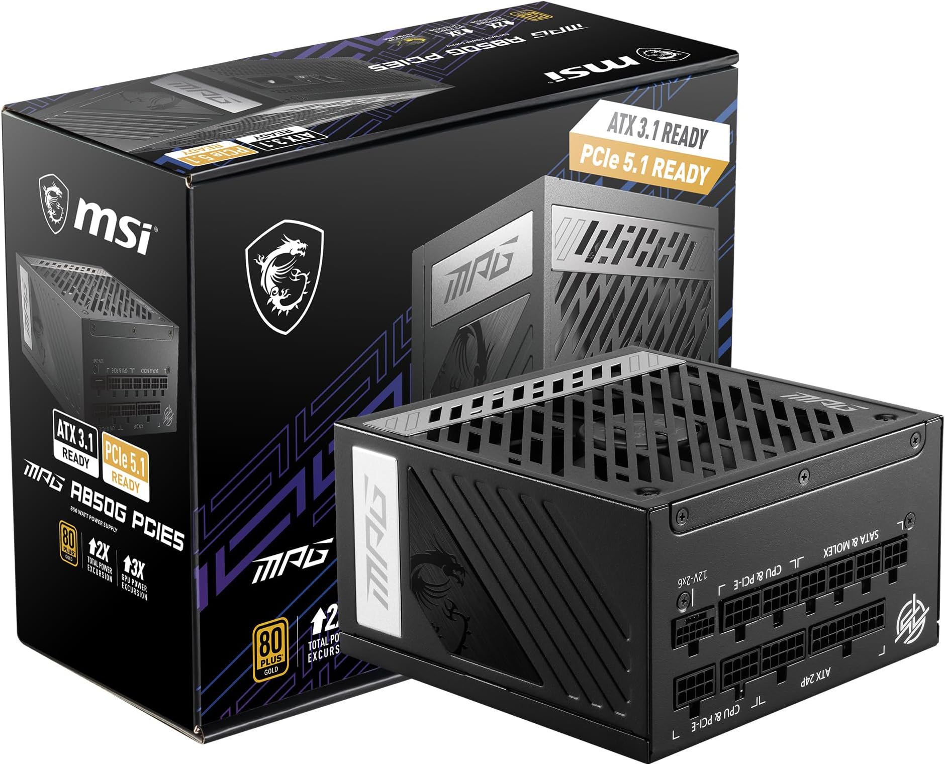 MSI A850G PCIE 5 Gaming Power Supply - Full Modular - 80 Plus Gold Certified 850W- 100% Japanese 105°C Capacitors - Compact Size - ATX PSU