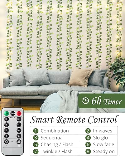 Miniatura 10 de JACKYLED Guirnalda de hiedra artificial de 84 pies, 12 unidades, enredaderas falsas con cadena de 200 luces LED de 65 pies y hojas colgantes de