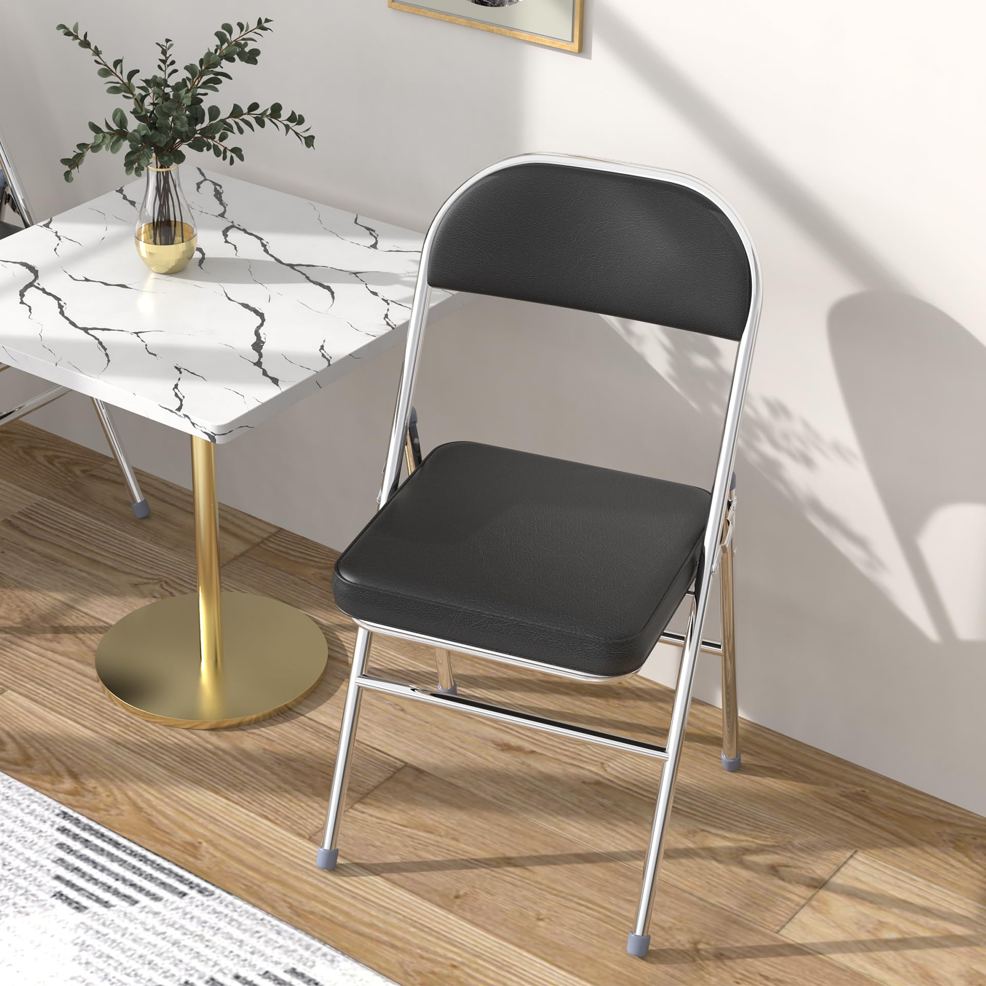 Lot de 4 Chaise Pliante, Chaises de Salle à Manger en PU, Cadre en métal, avec Dossier, 46x41x80.3cm, pour Salon, Bureau, Salle à Manger, Noir
