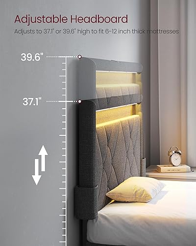 Miniatura 7 de VASAGLE Base de cama LED tamaño individual, cama individual con cabecera y 4 cajones, 1 puerto USB y 1 puerto tipo C, cabecera tapizada ajustable de