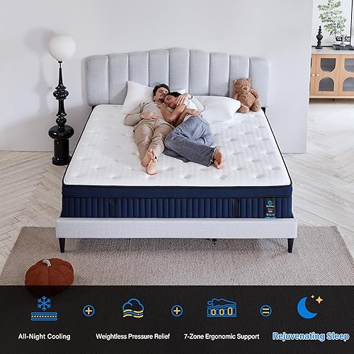 Miniatura 5 de Suiforlun Colchón King de 14 pulgadas con funda de seda de hielo, espuma viscoelástica de gel híbrido Euro Top con bobinas envueltas individualmente