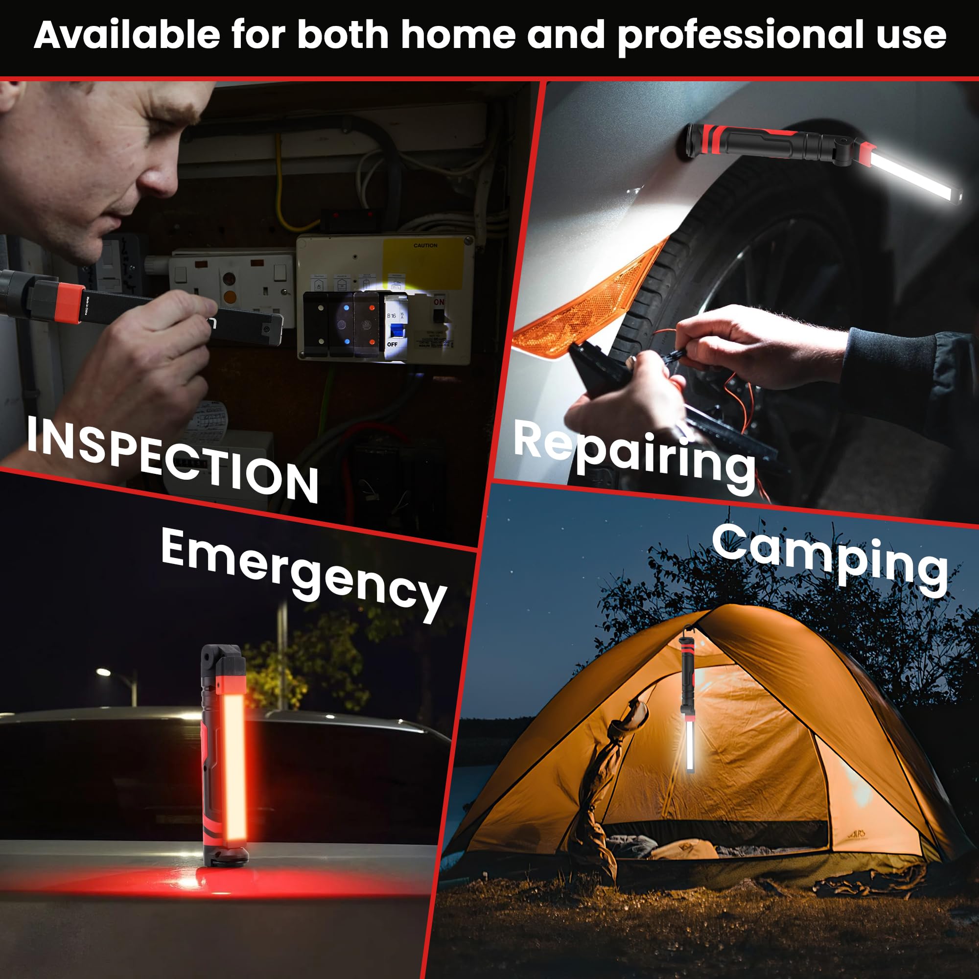 2 luci da lavoro ricaricabili – 2500 mAh pieghevole magnetica a LED da lavoro torcia esterna con 3 modalità di illuminazione luce meccanica per riparazione auto/emergenza