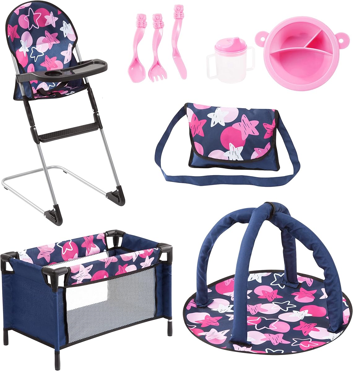 Bayer Juego de muebles para muñecas 9 en 1, trona y cama de viaje, rosa y azul marino | Incluye cuna plegable para muñecas de 15 pulgadas, juego de comedor, tapete de juego y bolsa de almacenamiento para juegos completos de rol en la guardería.