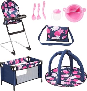 Bayer Design 9-in-1 Doll Accessory Set: Highchair, Travel Bed, Play Mat, Utensils for 46cm Dolls - Blue Stars Role-Play Kit