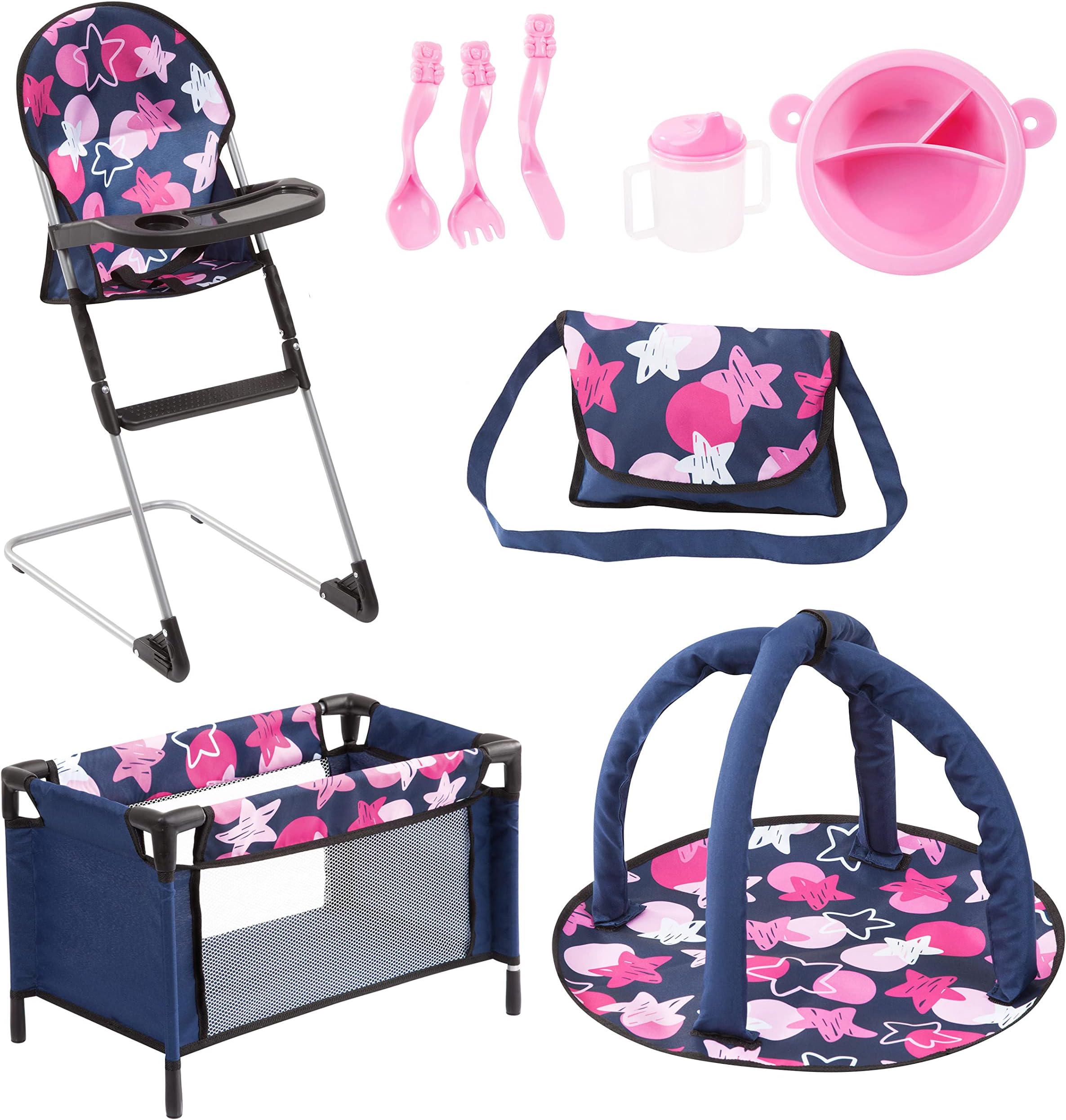 Bayer Real Life Baby Doll Accessories - 9-in-1 Furniture Set with Highchair, Travel Bed, Dining Set