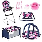 Bayer 9-in-1 Doll Accessory Set with Travel Bed & Highchair - Perfect Toy for Dolls - Includes Plate, Utensils, Play Mat and More