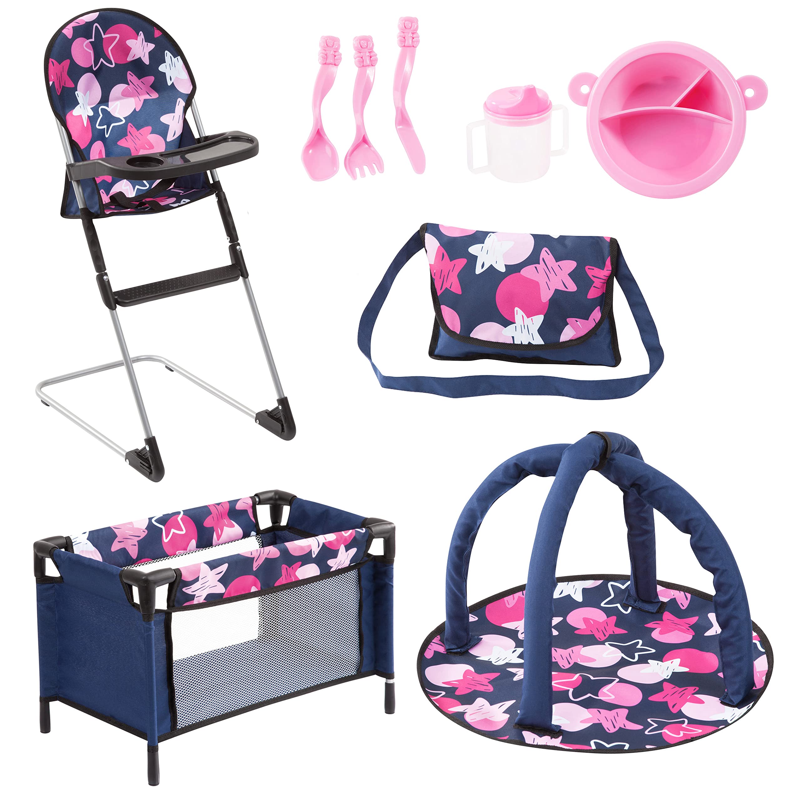 Bayer Design Set Accessori Per Bambole – Seggiolone, Lettino, Borsa, Ciuccio, Piatti – Adatto Per Bambole Fino A 42 Cm