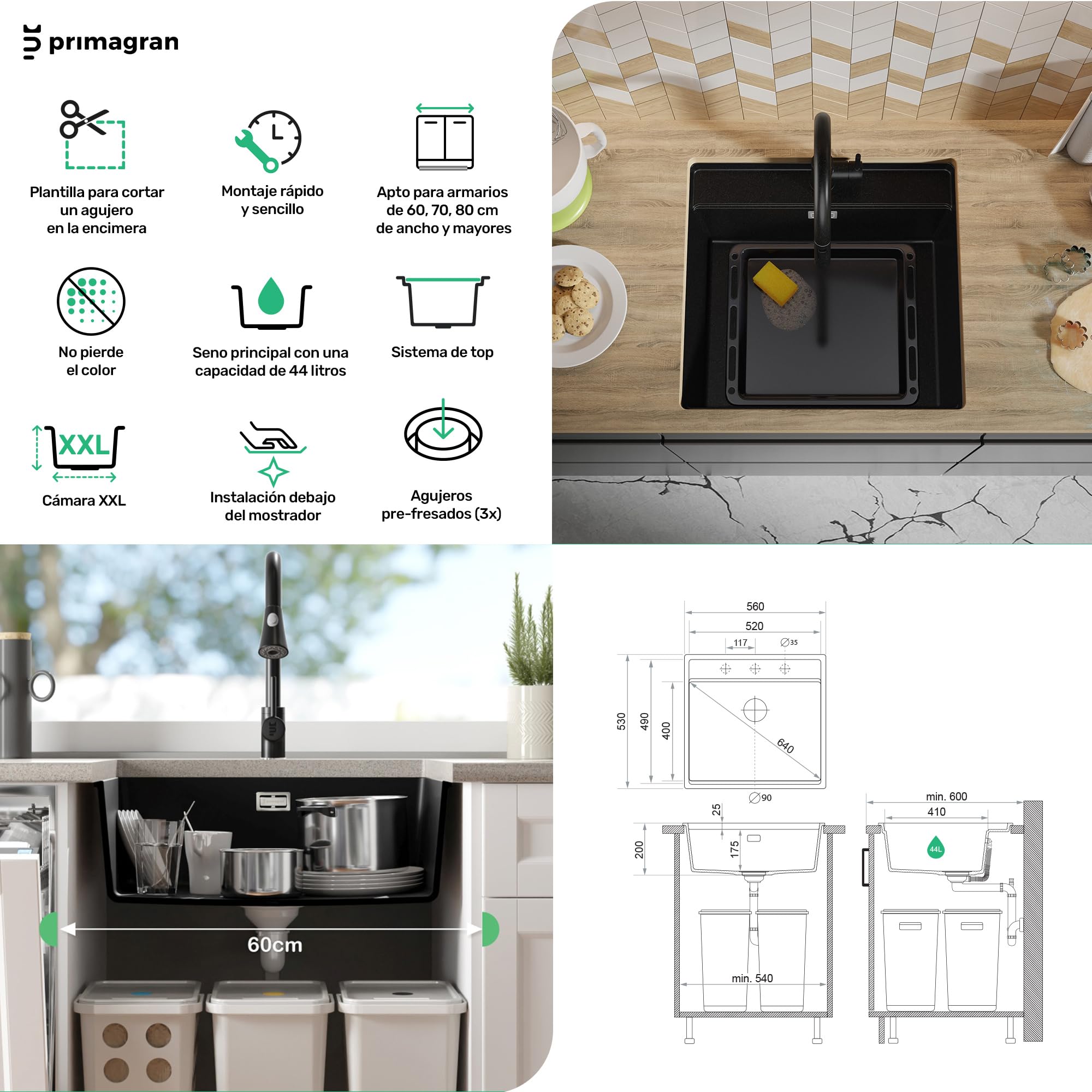 PRIMAGRAN Fregadero bajo Encimera al Mueble 60cm + Kit de desagüe, 56x53cm