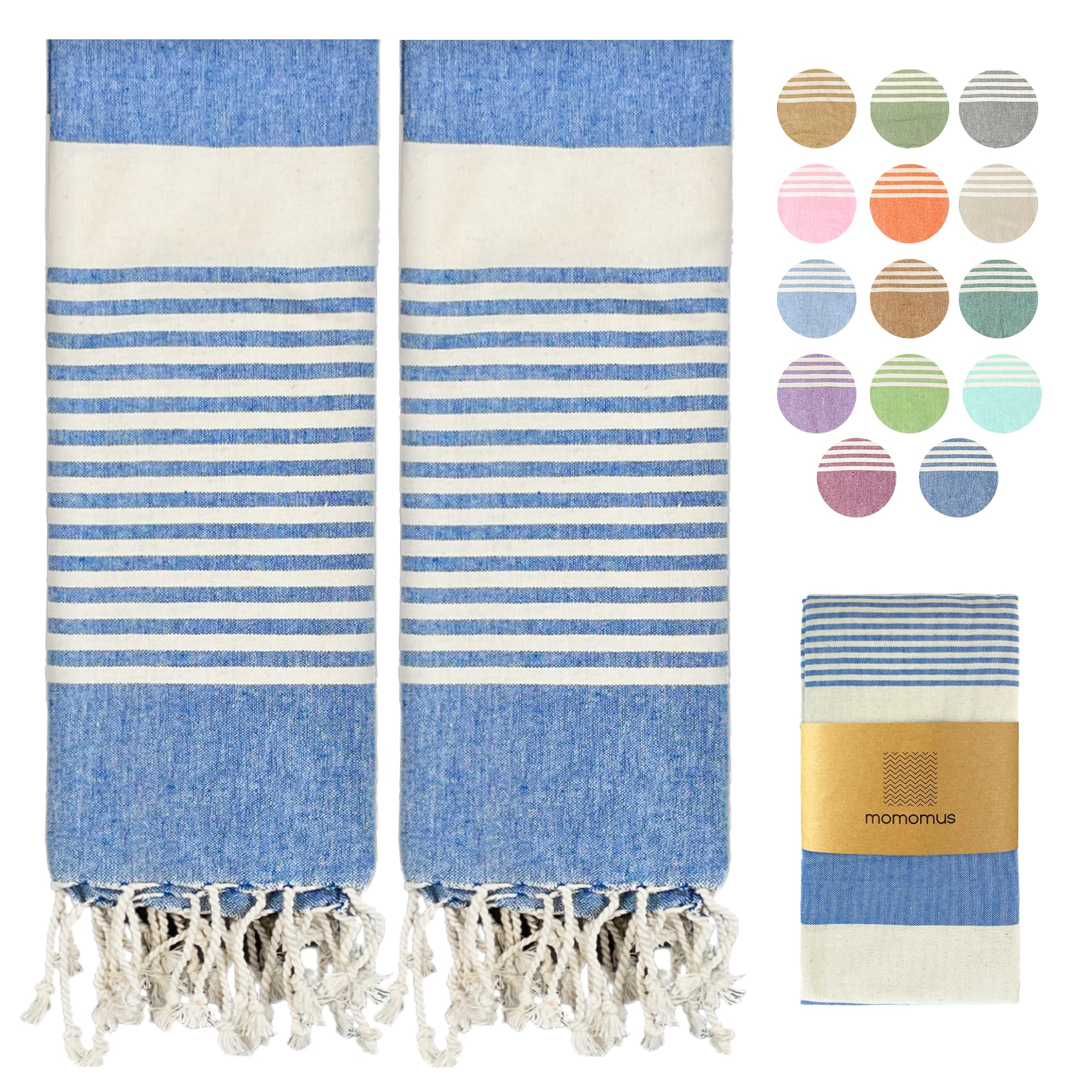 MOMOMUS MOMOMUS Pack de 2 Foutas XL o Toallas de Playa Grandes de Algodón 100% - Absorbentes, Ultrasuaves, Compactas - Ideal como Pareo y Toalla para Sauna, SPA y Piscina - Azul, 90x180cm