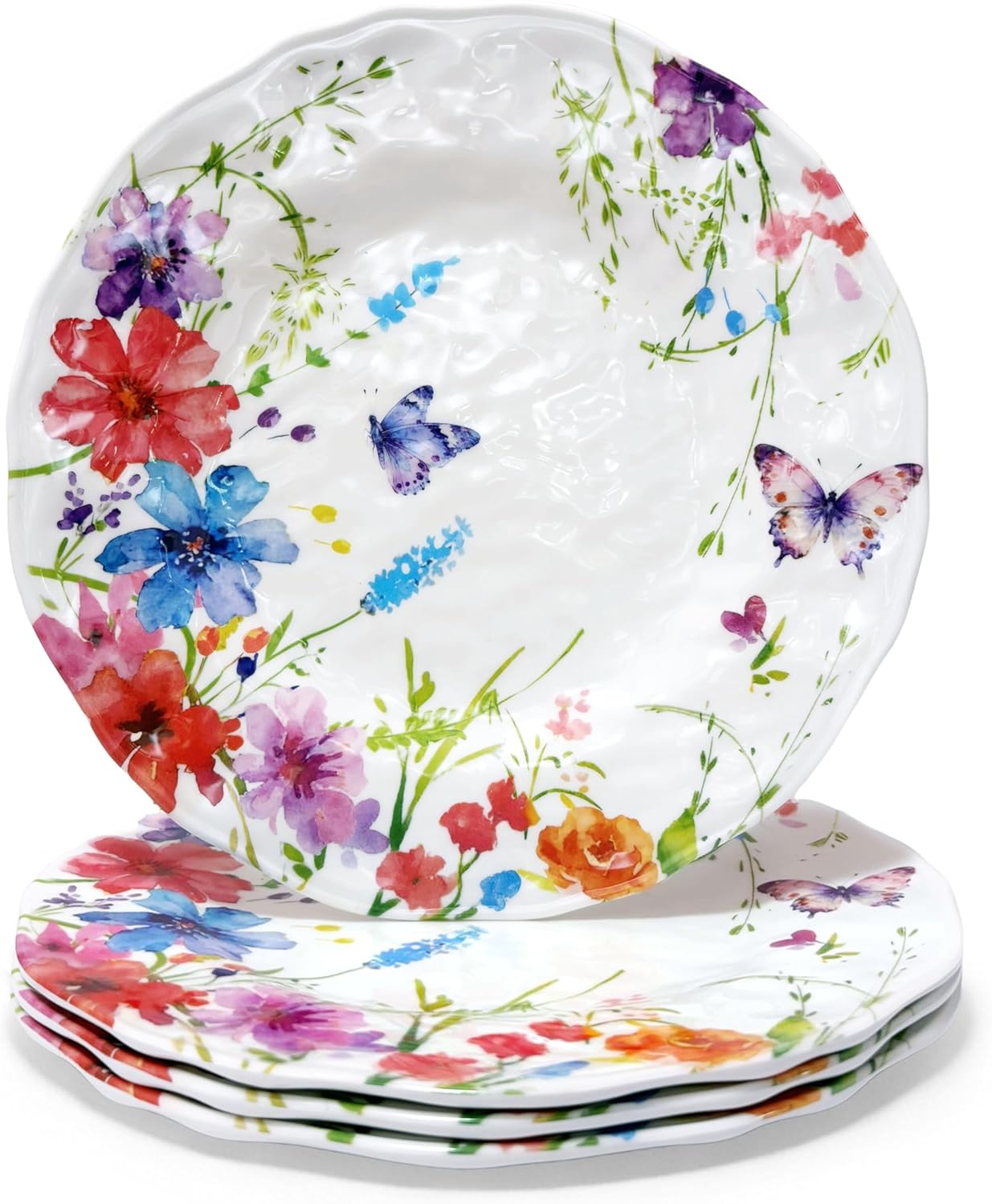 11-Inch Melamine Plates – Non-Breakable, BPA-Free, Dishwasher Safe, Stackable Dinnerware for Salads, Pasta, Appetizers, Desserts – Durable & Portable Plates Decorative Tableware -Floral Butterfly