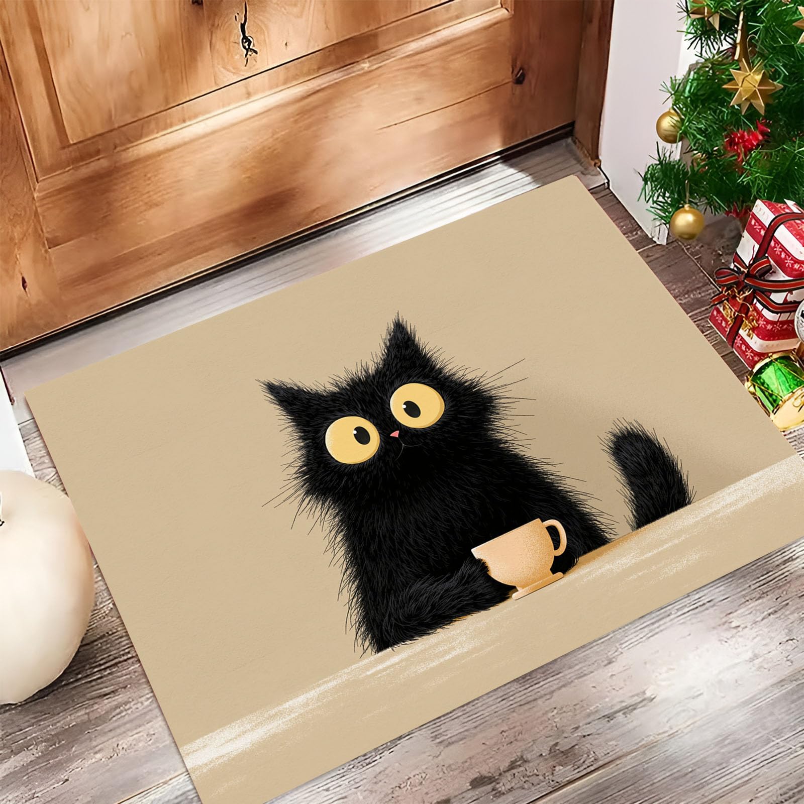 Paillasson Intérieur pour Couloir et Entrée Motif Chat | Tapis Beige Doux 60 x 90 cm