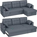 HOMCOM Convertible Sofa Bed, 85" Pull Out Sleeper Sofa with USB Ports, Chaise Storage, 2 Pillows, Linen, L-Shaped Sectional Futon Couch for Living Room, Apartment, Dark Grey