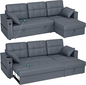 HOMCOM Convertible Sofa Bed, 85" Pull Out Sleeper Sofa with USB Ports, Chaise Storage, 2 Pillows, Linen, L-Shaped Sectional Futon Couch for Living Room, Apartment, Dark Grey