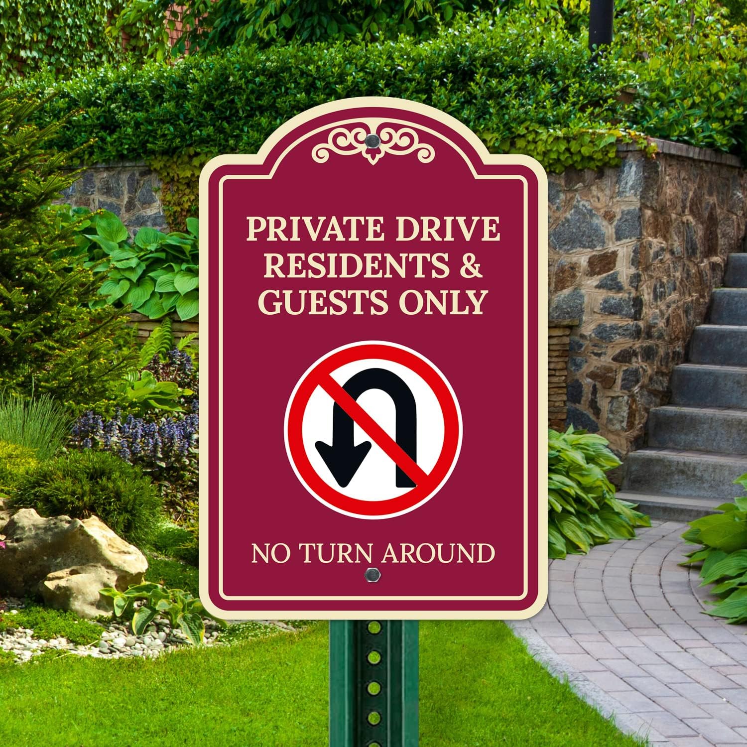 Private Drive Residents and Guests Only No Turn Around Décor Sign, Burgundy Dark, 12x18 Inches, ACM, Fade Resistant, Made in USA