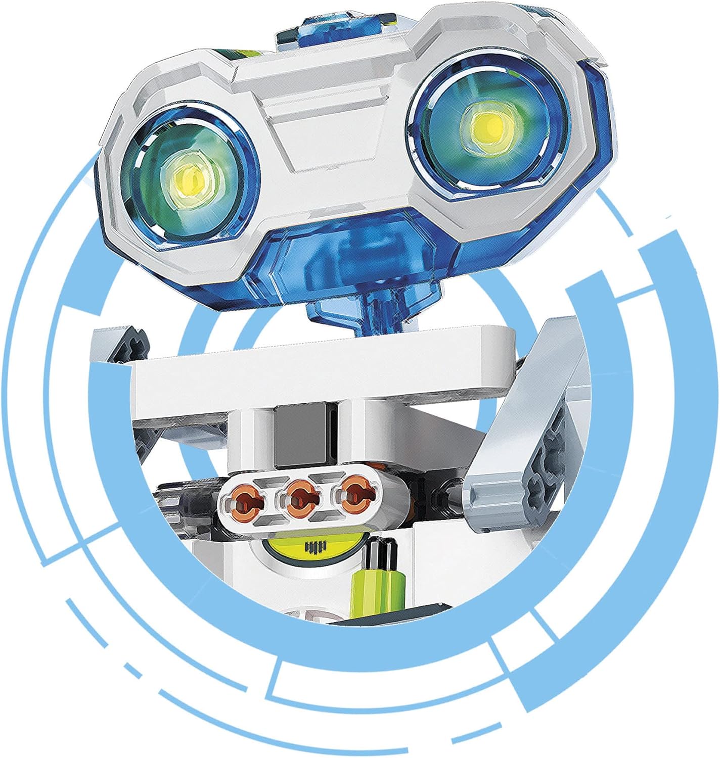 Close-up of the Clementoni Robomaker robot's head, showing its eyes and front-mounted sensors