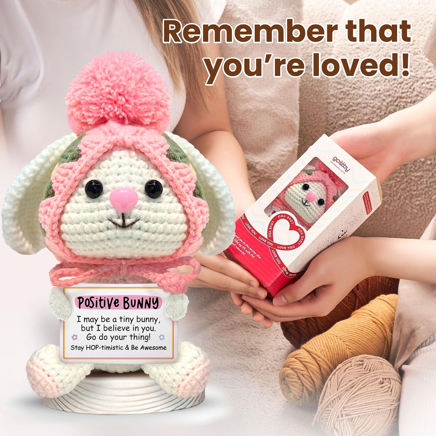 Gossby Handmade Positive Bunny Crochet - STAY HOP-TIMISTIC & BE AWESOME - Inspirational Gift for Women - Christmas, Birthday, Emotional Support, Positive Energy Gift for Friend, Coworker, Teacher, Mom