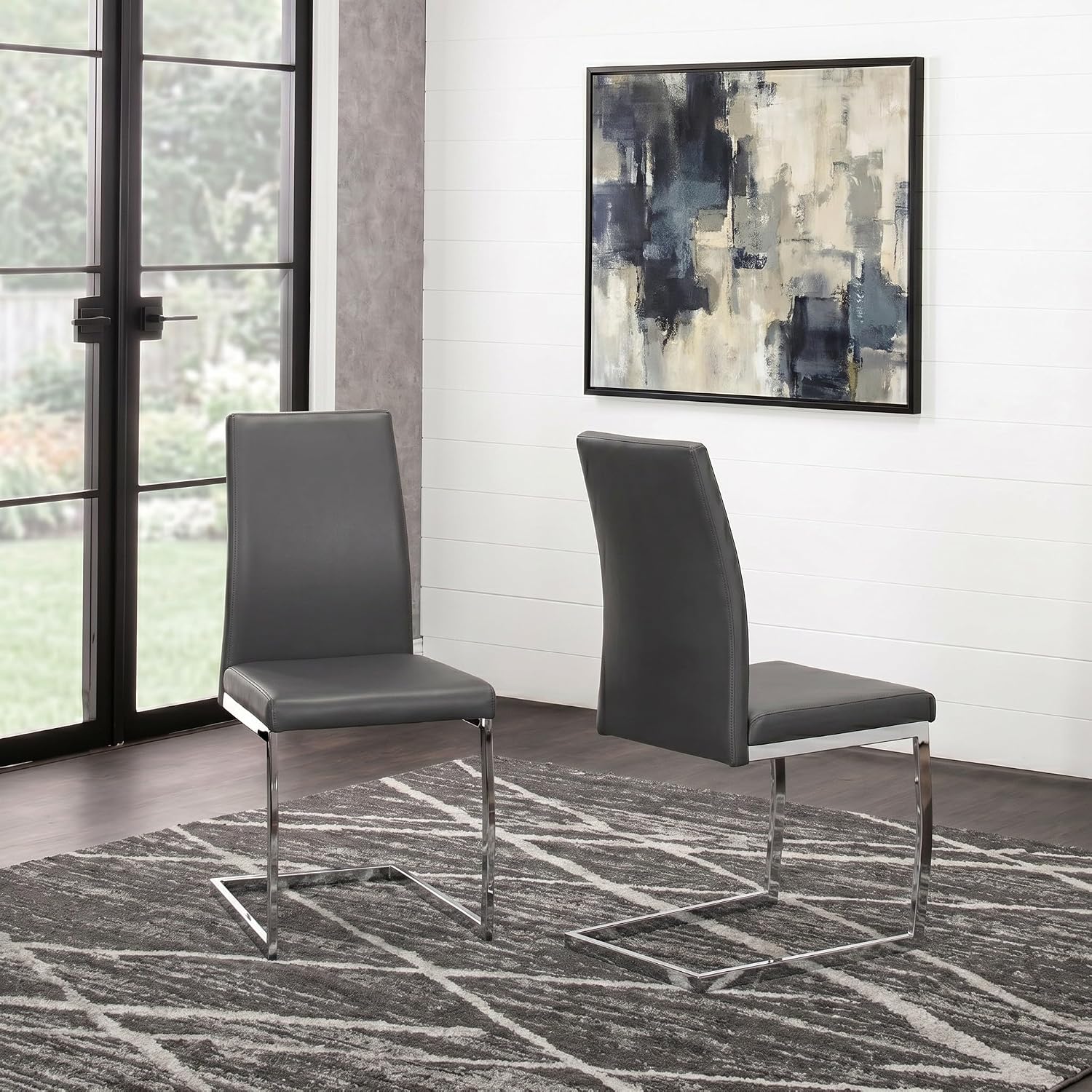 Sunset Trading Sela Upholstered Breuer Dining Chairs | Set of 2 | S-Shaped Chrome Cantilever Base | Charcoal Gray Padded Faux Leather Seats | Contemporary Modern Kitchen Seating
