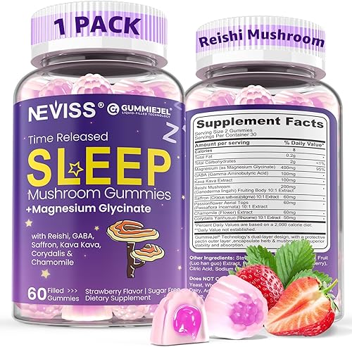 NEVISS Reishi - Gomitas para dormir con hongos – Gomitas para dormir sin melatonina para adultos | Reishi, azafrán, magnesio, GABA y manzanilla –