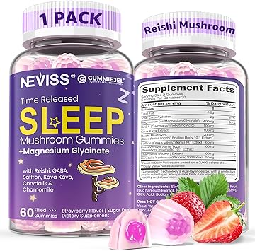 NEVISS Reishi Mushroom Sleep Gummies - Melatonin Free Sleep Gummies for Adult | Reishi, Saffron, Magnesium, GABA & Chamomile - Non-Habit Forming, Help for Deep Relaxation - Vegan, Berry Flavor, 1Pack