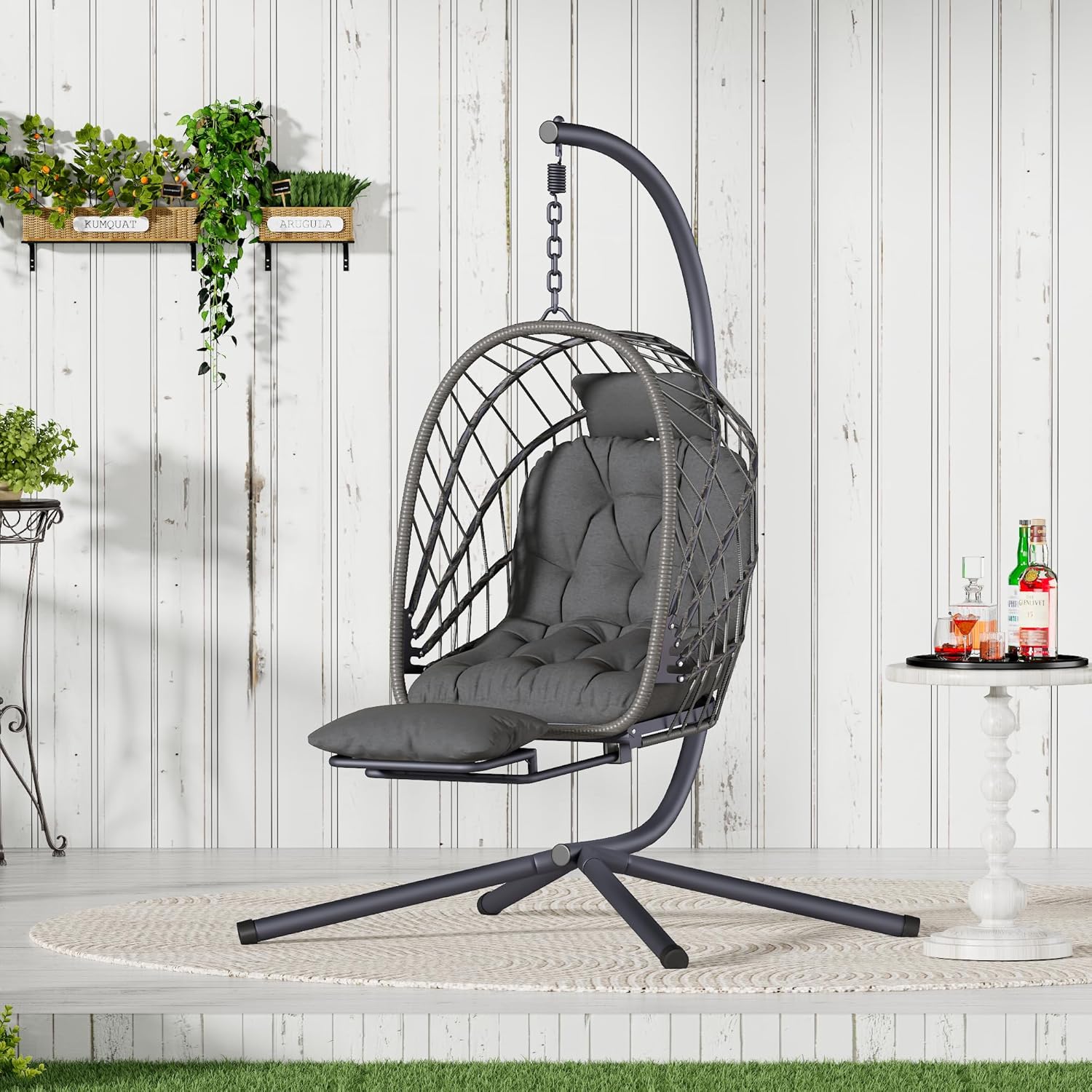 Outdoor Swing Egg Chair with Stand and Footrest, Comfy Patio Hammock Hanging Rocking Egg Chair with Cushion for Bedroom Indoor, Dark Gray