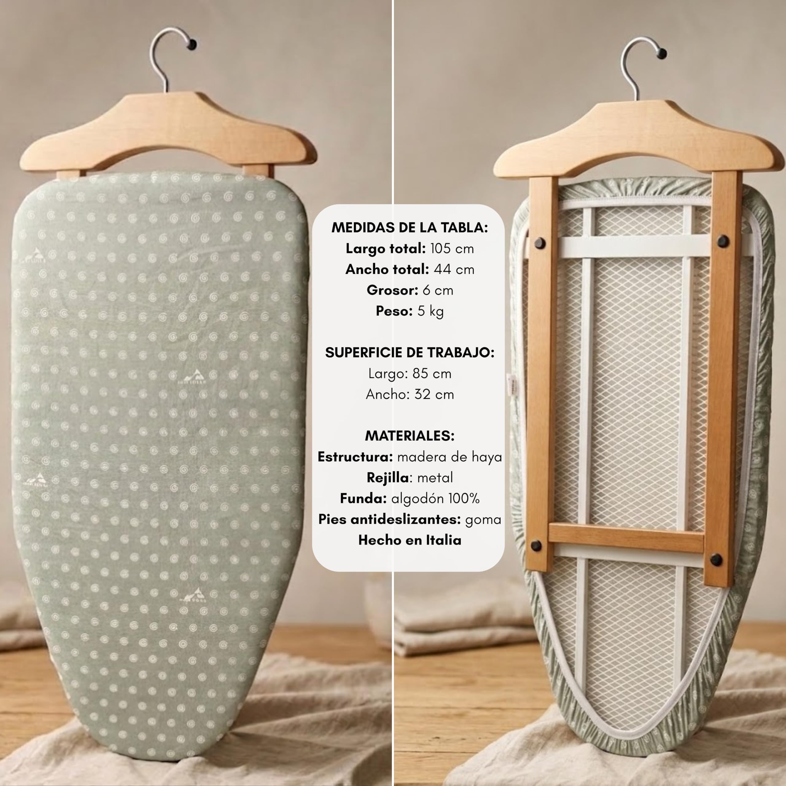 Erreke Tabla de Planchar 2 en 1, Planchado Vertical y Horizontal, Elegante | Plancha en Mesa. Cama. Puerta y Armario. Estructura de Madera de Haya. Ahorra Espacio. Estructura Robusta. Fácil de Guardar
