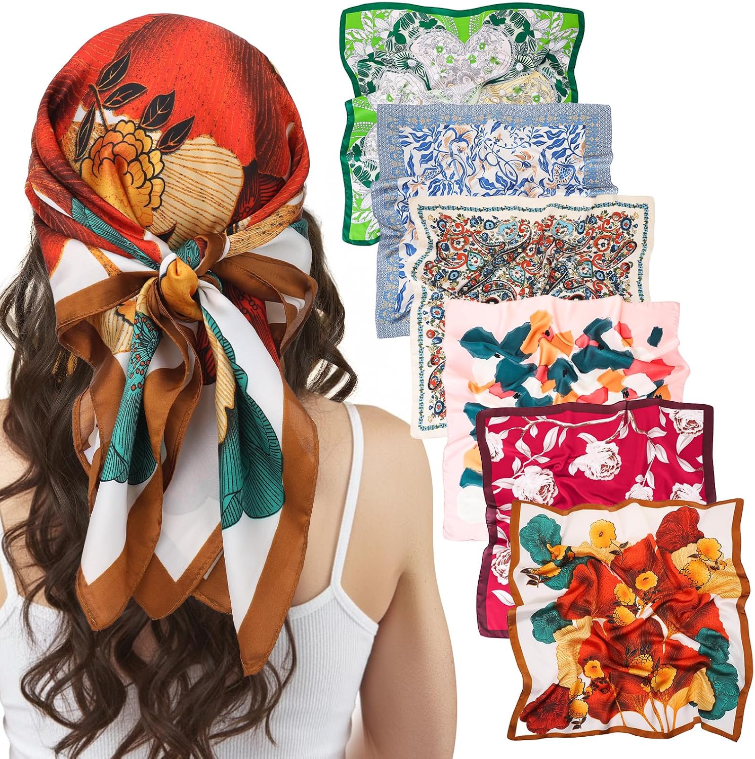 JATEBI 6 PCS Square Satin Head Scarf 27'' Silk Feeling Hair Neck Scarf | 6 Pcs 27 Inch Square Satin Silk, Multicolor Feeling Head Scarf for Women Hair Wrap Bandana Neck Tie and Bag Decoration