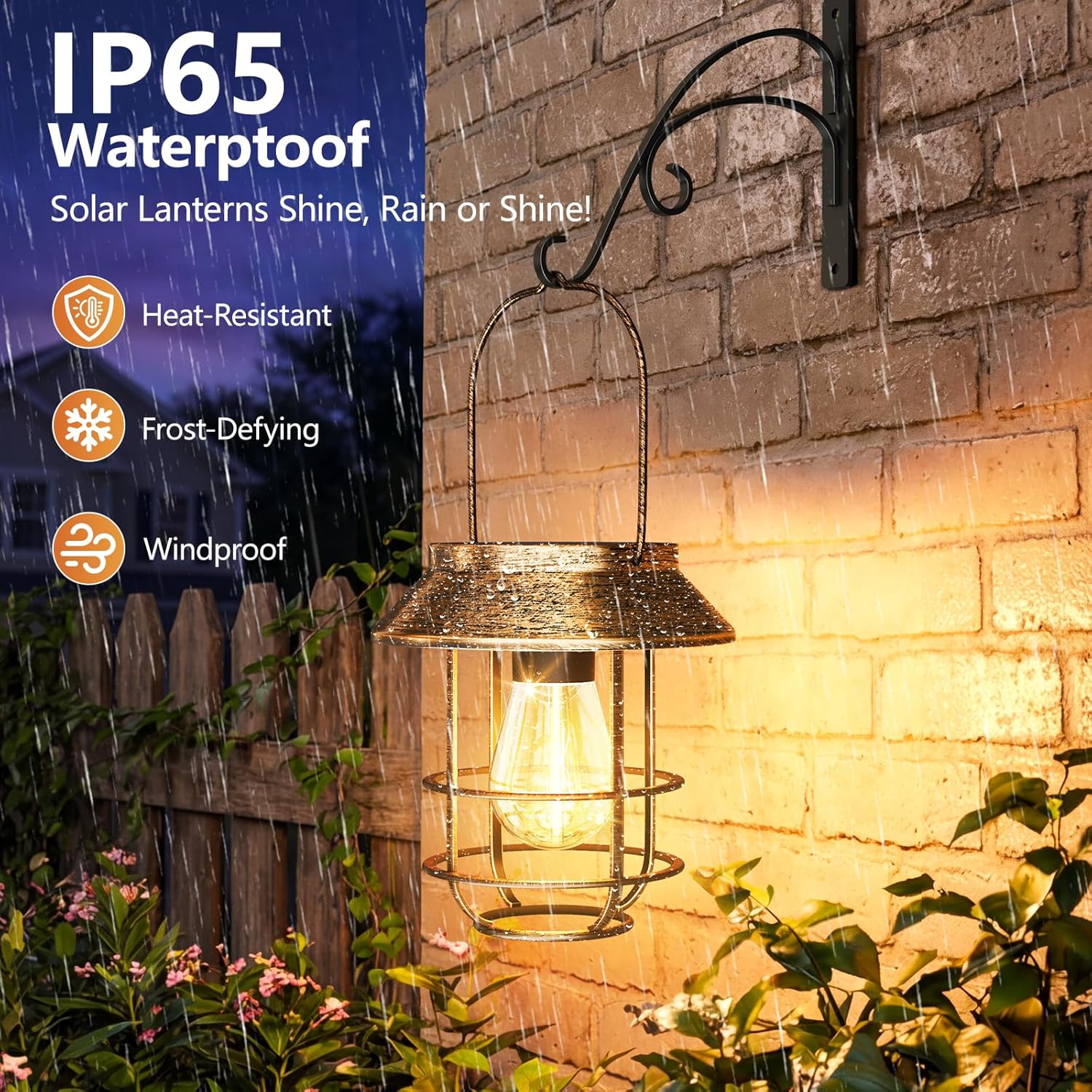 Solar Lanterns Outdoor Waterproof 2 Pack, Upgraded Brighter Hanging Solar Lights for Outside with Wall Hook - Retro Bronze Metal Solar-Powered Hanging Lantern Auto On/Off for Porch Patio Garden