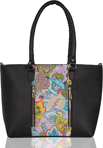 SENTINEL Black PU Printed Handbag for Women| Black PU Handbag for Office| Printed Spacious Women Shoulder Bag