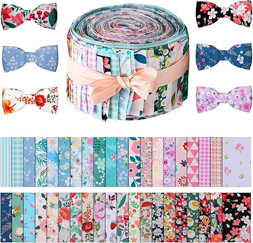 40 tiras de tela de algodón japonesa enrollables para acolchar, rollo de tela de 2.6 pulgadas, flores precortadas, tiras de tela de retazos para