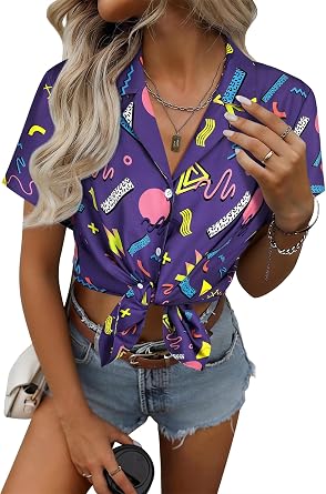 ZXZY 80s 90s Shirt for Women Retro Theme Party Disco Shirts 80s Neon Shirts Hawaiian Button Down Blouses Short Sleeve Tops