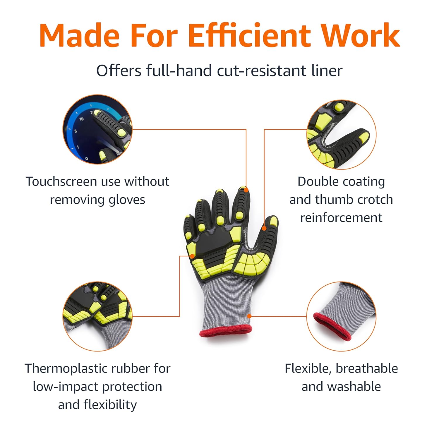Amazon Basics Cut Level A1, Abrasion ANSI Level A4, Impact Protection Gloves with Touch Screen Friendly 15G Sandy Nitrile Palm, Pack of 120 Pairs, Yellow, Size Small