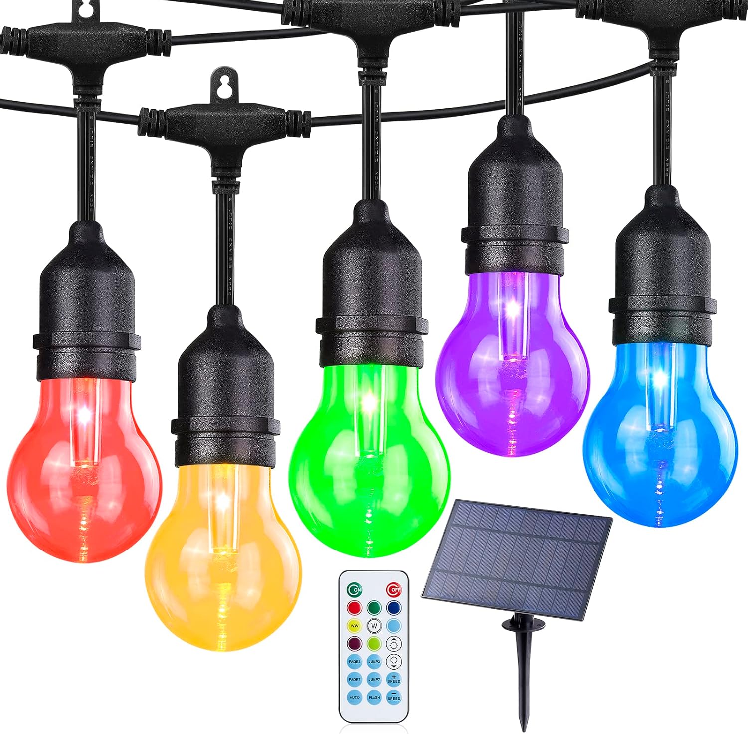 Solar Outdoor RGB String Lights, 48FT Dimmable Patio Lights with 15 Shatterproof Edison Bulbs, Commercial Grade Waterproof LED String Lighting with Remote for Party, Garden, Yard Solar A55 48FT