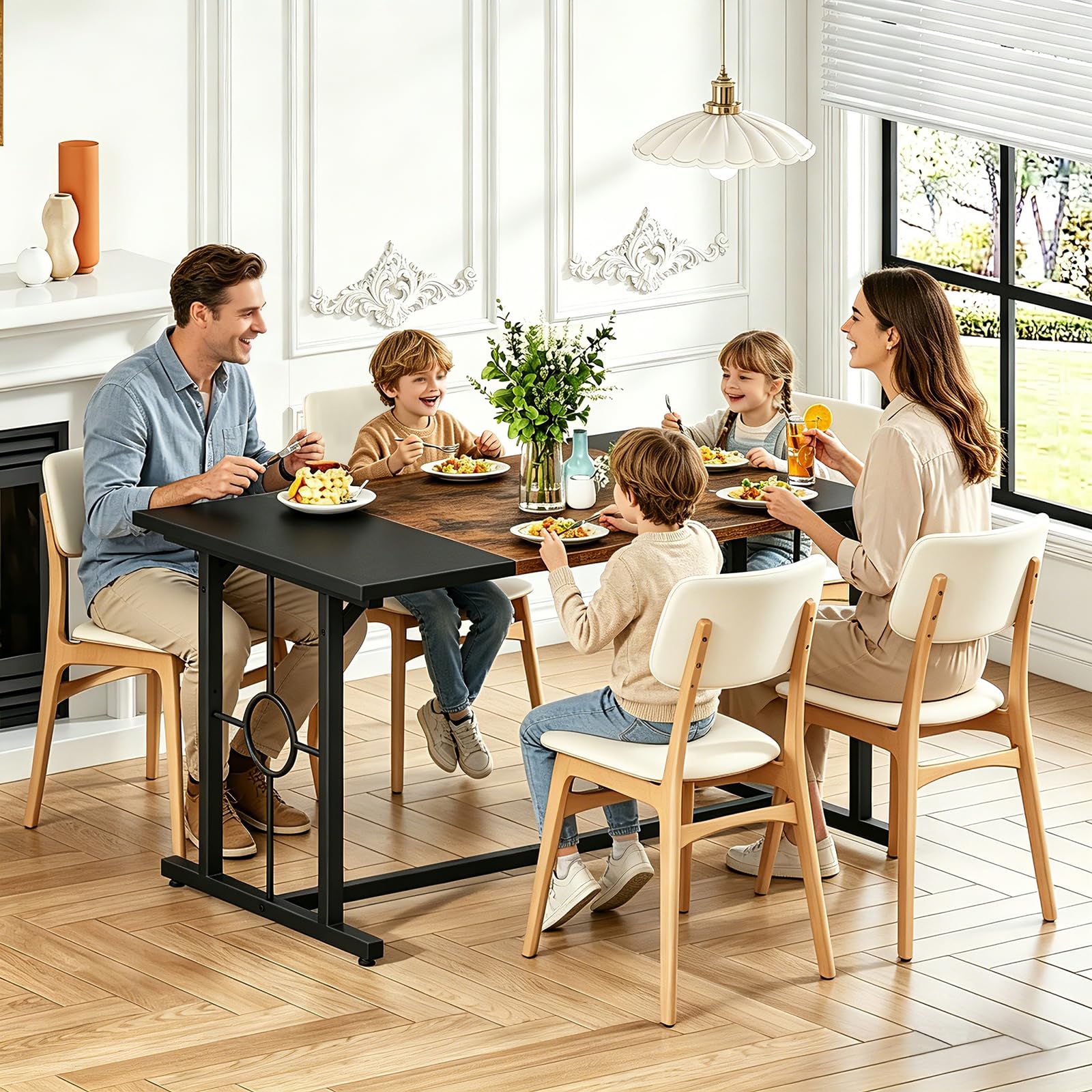 HOOBRO Esstisch, Küchentisch für 4-6 Personen, 140 x 70 cm, Esstisch mit zweifarbiger Tischplatte, Rechteckiger Küchentisch für Esszimmer, Metallbeine Vintagebraun und Schwarz EBF20CZ01