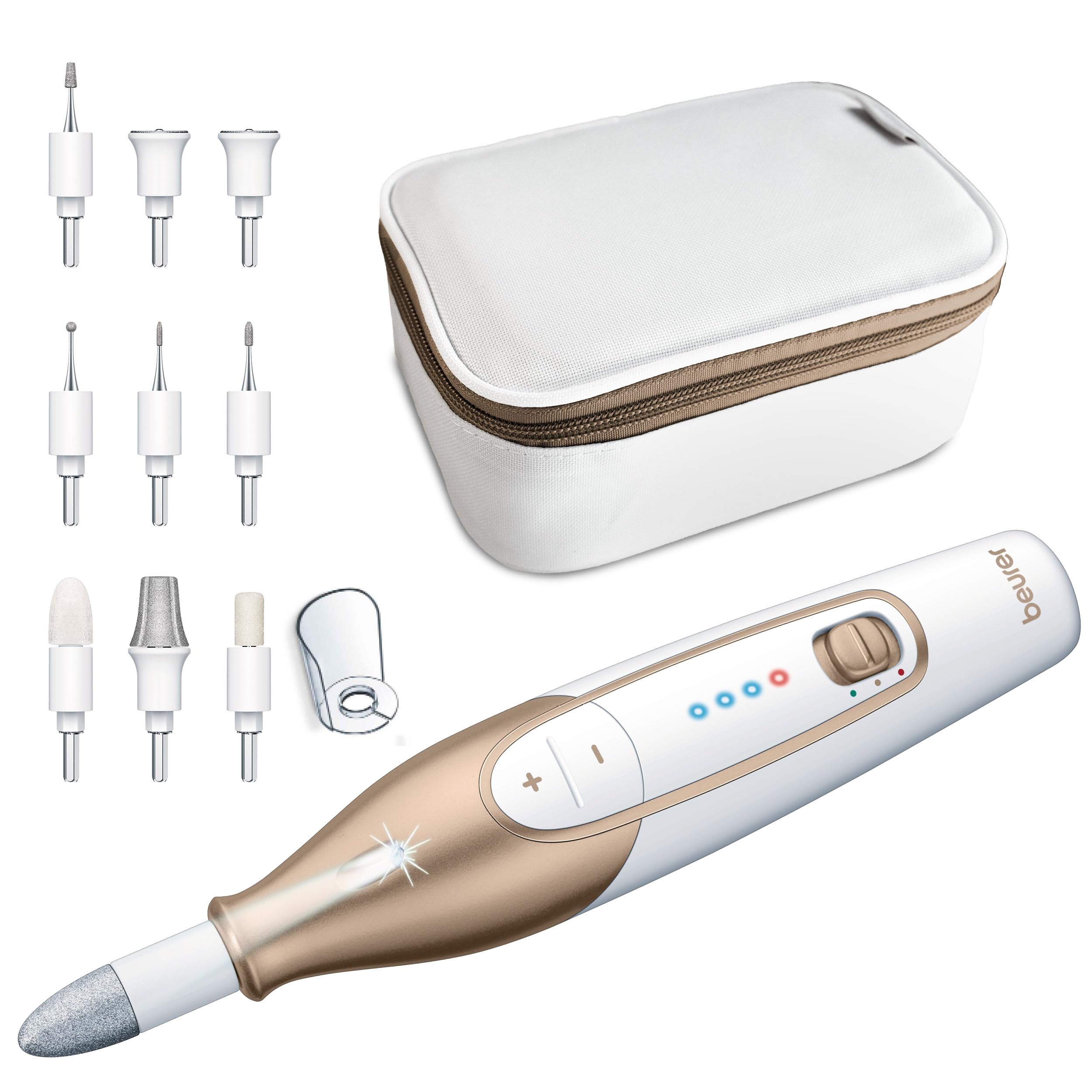 Beurer MP 64 Maniküre/Pediküreset, elektrisches Nagelpflegeset mit Akku, 10 Aufsätze zur Nagelpflege für schöne Hände und Füße, mit LED Licht, Einheitsgröße, White and gold